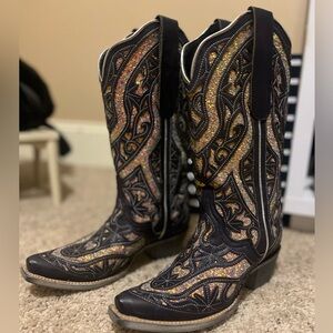 JB Dillon Black Glitter Inlay Sparkle Cowboy Boots Size 6 NEVER WORN
